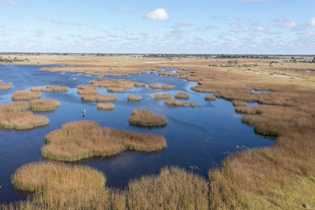 Vue en hauteur des eaux de la crue s'étendant sur d'immenses prairies et roselières dans le delta de l'Okavango.